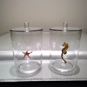 Bathroom Vanity Mattt Silver Tray, 2 Ocean Themed Q-Tip, Cotton Ball Containers